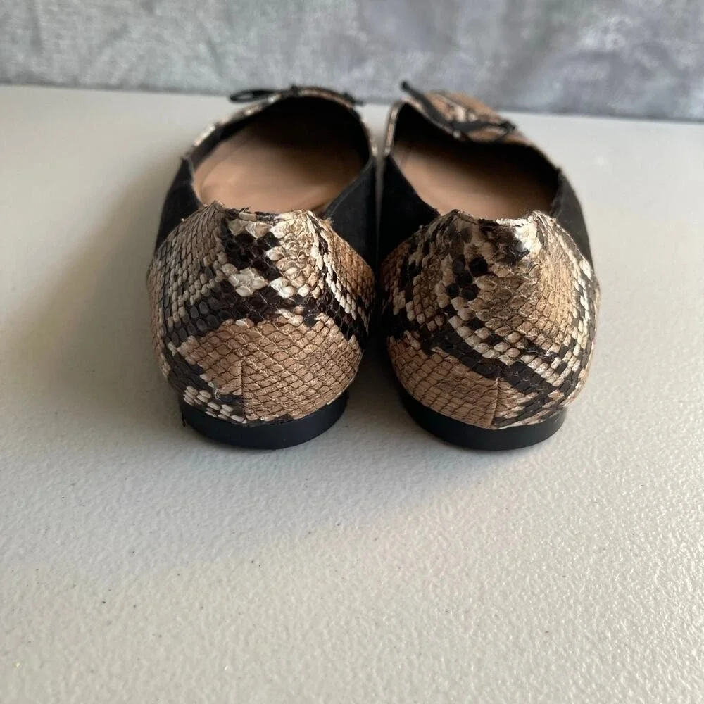 Zara Trafaluc Flats Womens 36 Snake Python Print Black‎ Suede Leather Trim Bow